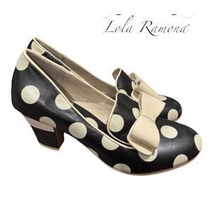 Lola Ramona Women's Black Cream Leather Polka Dot Bow Heels Pumps 37